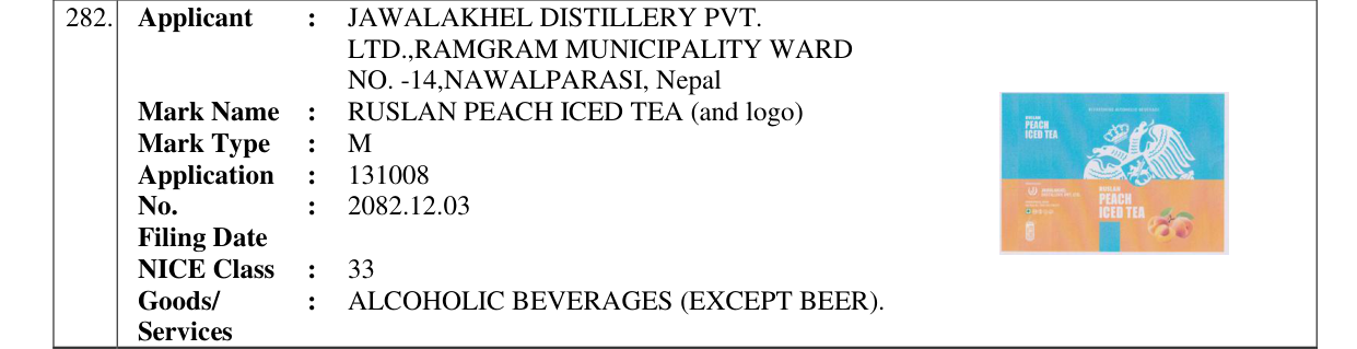 Original bulletin entry for RUSLAN PEACH ICED TEA (and logo)