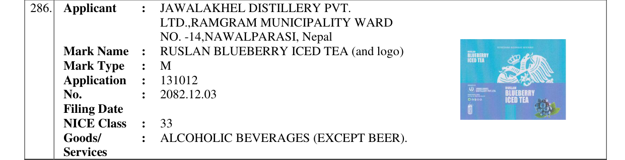 Original bulletin entry for RUSLAN BLUEBERRY ICED TEA (and logo)