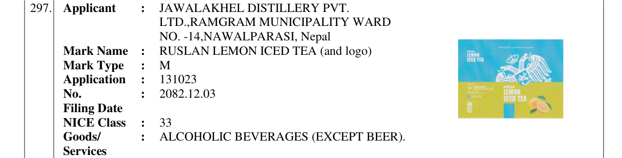 Original bulletin entry for RUSLAN LEMON ICED TEA (and logo)