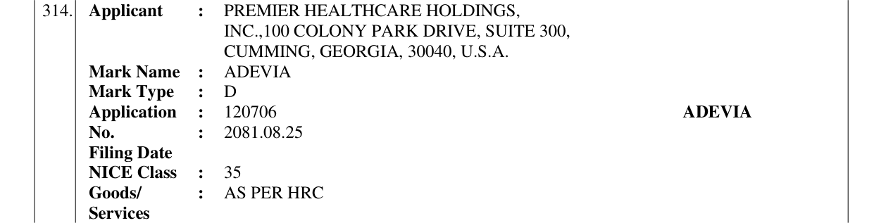 Original bulletin entry for ADEVIA
