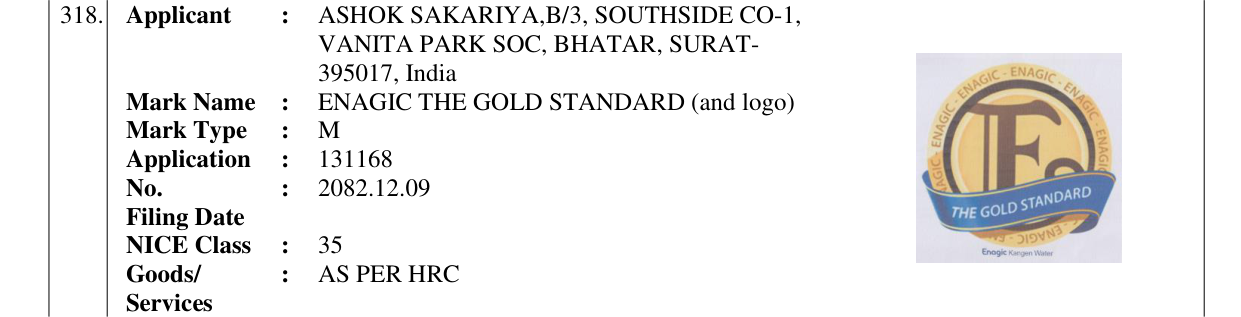 Original bulletin entry for ENAGIC THE GOLD STANDARD (and logo)