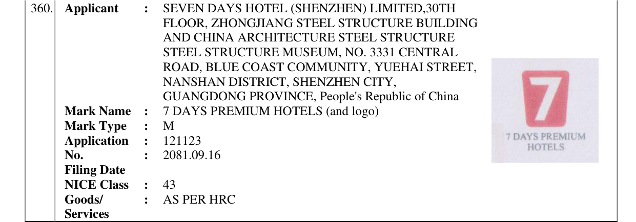 Original bulletin entry for 7 DAYS PREMIUM HOTELS (and logo)
