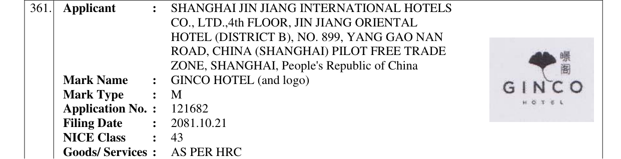 Original bulletin entry for GINCO HOTEL (and logo)