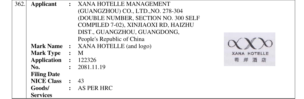 Original bulletin entry for XANA HOTELLE (and logo)