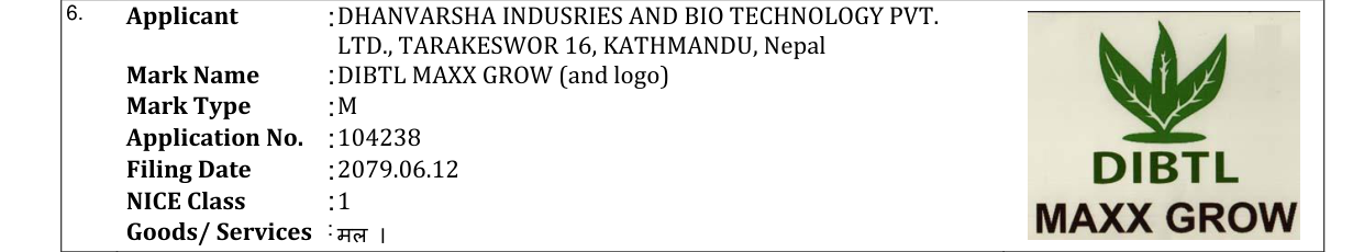 Original bulletin entry for DIBTL MAXX GROW (and logo)