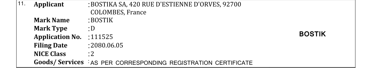Original bulletin entry for BOSTIK