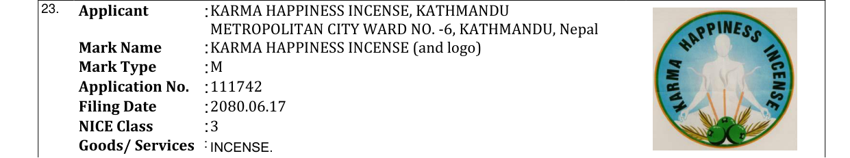 Original bulletin entry for KARMA HAPPINESS INCENSE (and logo)