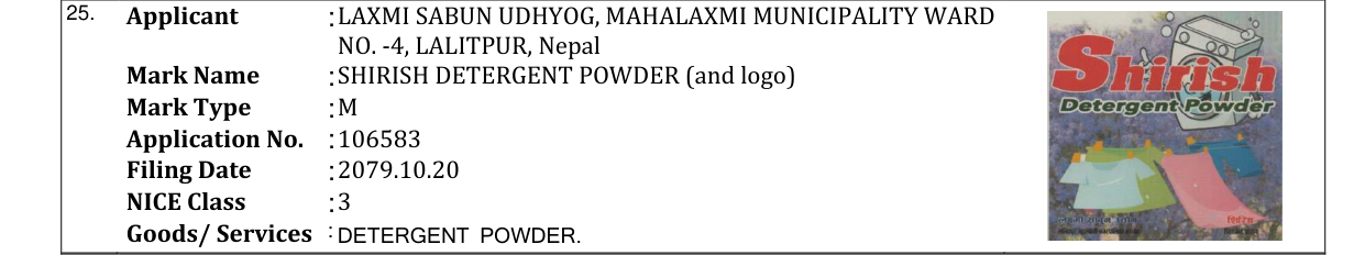 Original bulletin entry for SHIRISH DETERGENT POWDER (and logo)
