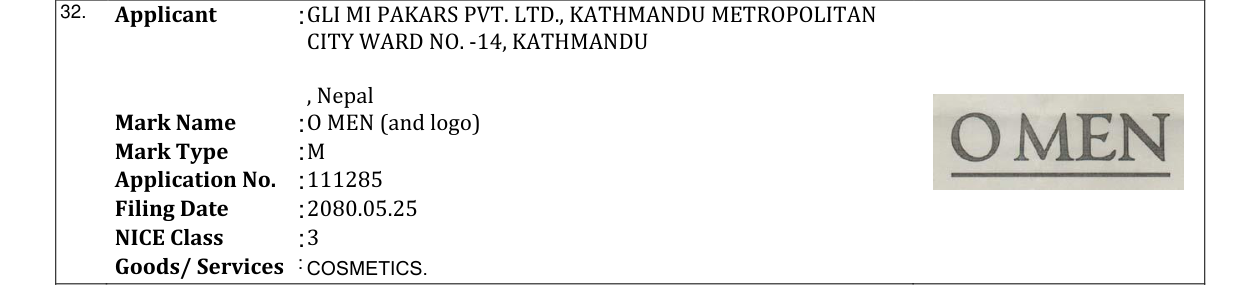 Original bulletin entry for O MEN (and logo)