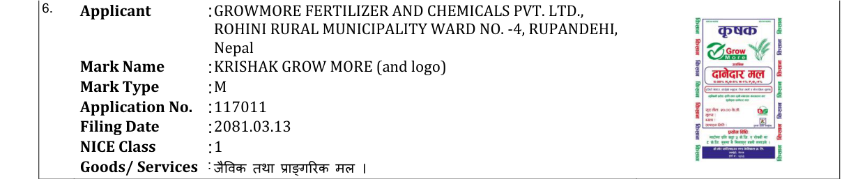 Original bulletin entry for KRISHAK GROW MORE (and logo)