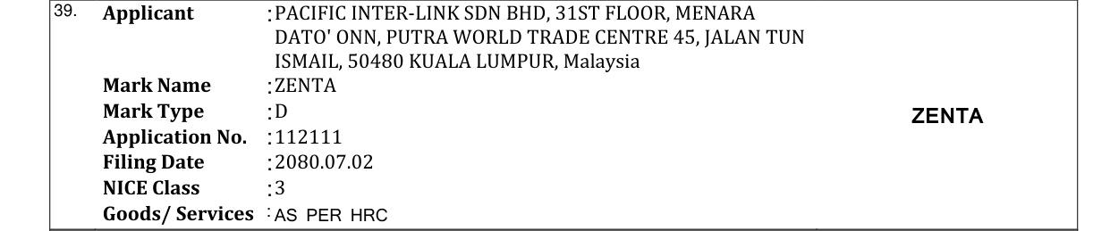 Original bulletin entry for ZENTA