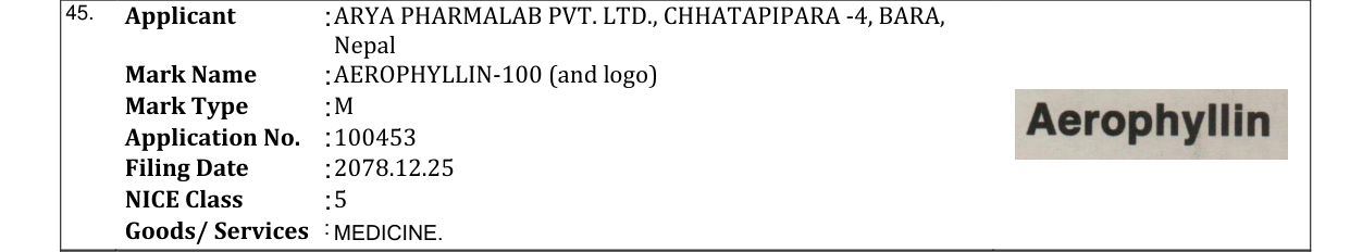 Original bulletin entry for AEROPHYLLIN-100 (and logo)
