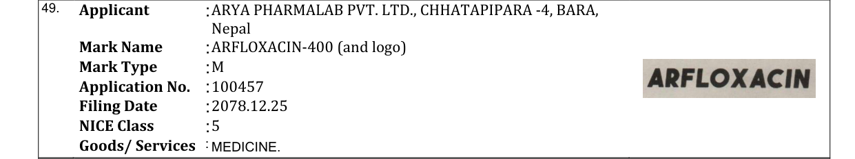 Original bulletin entry for ARFLOXACIN-400 (and logo)