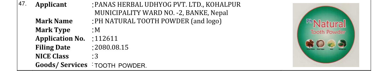 Original bulletin entry for PH NATURAL TOOTH POWDER (and logo)