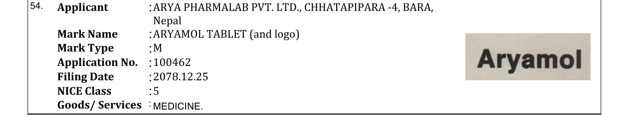 Original bulletin entry for ARYAMOL TABLET (and logo)