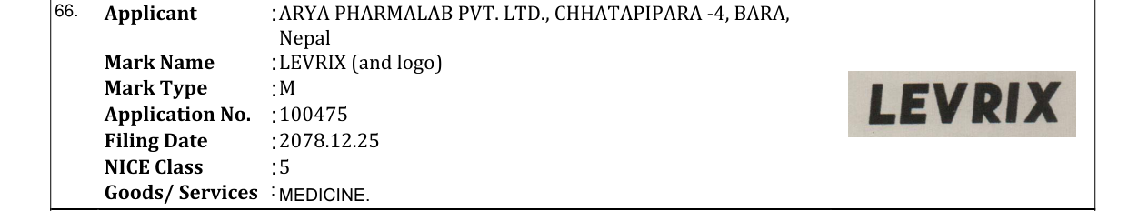 Original bulletin entry for LEVRIX (and logo)