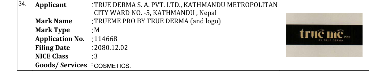 Original bulletin entry for TRUEME PRO BY TRUE DERMA (and logo)