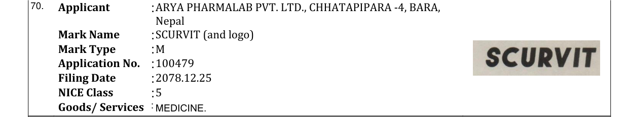 Original bulletin entry for SCURVIT (and logo)