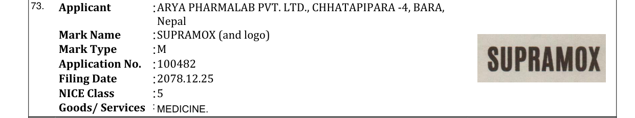 Original bulletin entry for SUPRAMOX (and logo)