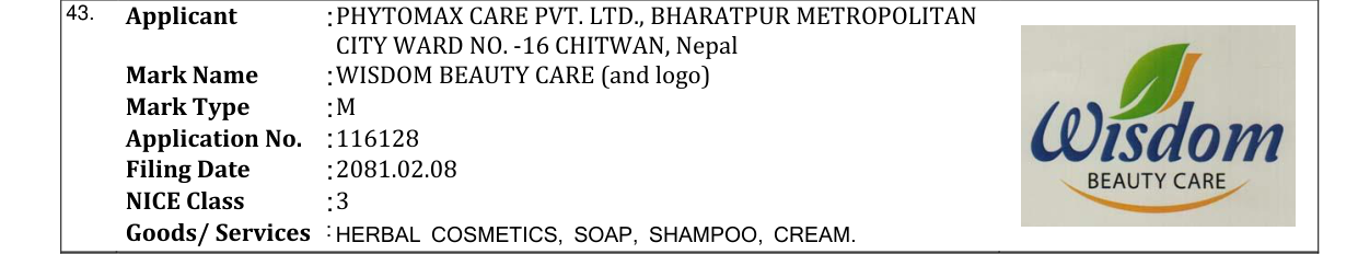 Original bulletin entry for WISDOM BEAUTY CARE (and logo)