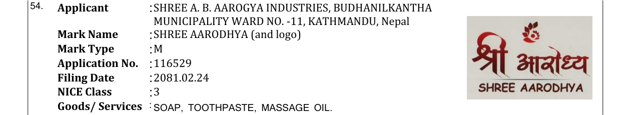 Original bulletin entry for SHREE AARODHYA (and logo)