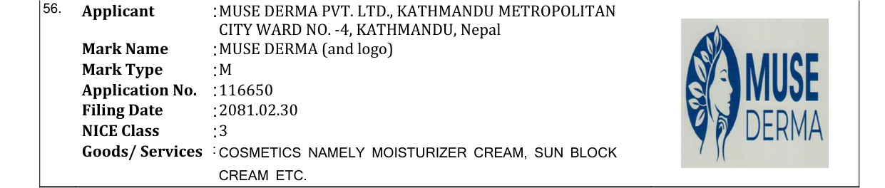 Original bulletin entry for MUSE DERMA (and logo)