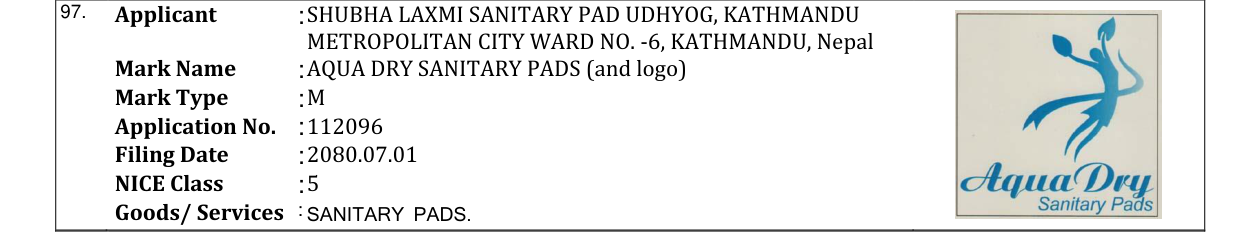 Original bulletin entry for AQUA DRY SANITARY PADS (and logo)
