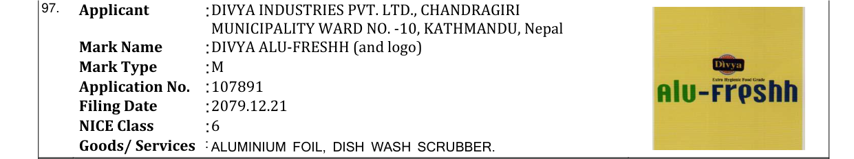 Original bulletin entry for DIVYA ALU-FRESHH (and logo)