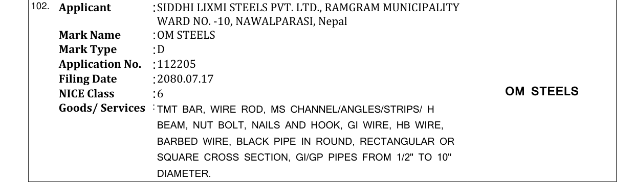 Original bulletin entry for OM STEELS