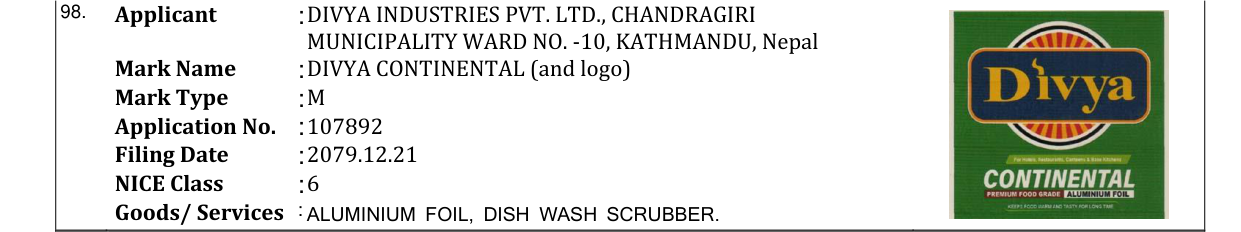 Original bulletin entry for DIVYA CONTINENTAL (and logo)