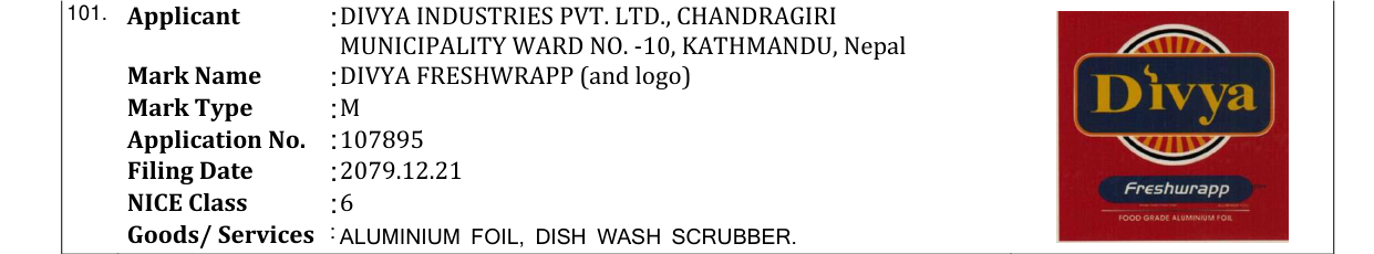Original bulletin entry for DIVYA FRESHWRAPP (and logo)