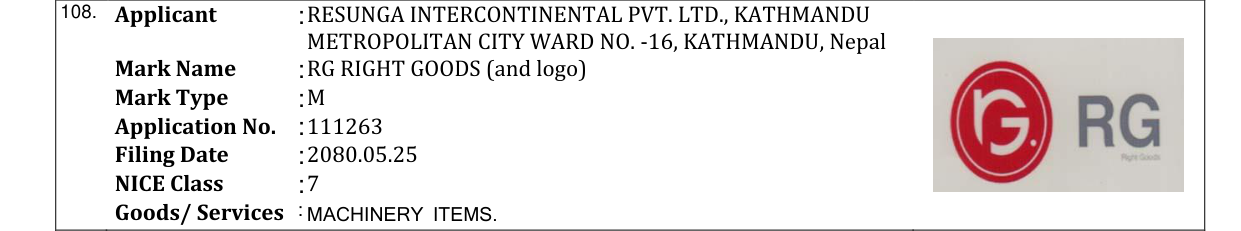 Original bulletin entry for RG RIGHT GOODS (and logo)