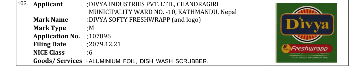 Original bulletin entry for DIVYA SOFTY FRESHWRAPP (and logo)