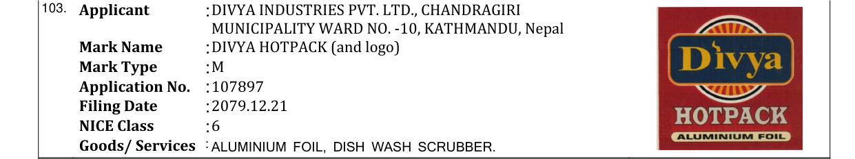 Original bulletin entry for DIVYA HOTPACK (and logo)