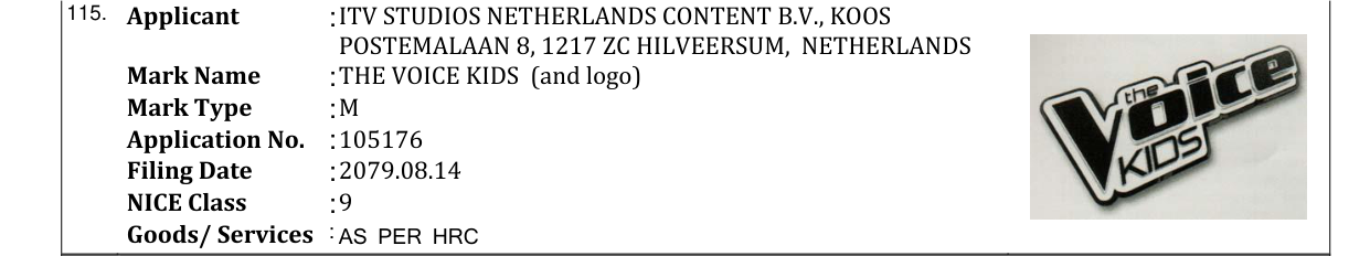 Original bulletin entry for THE VOICE KIDS (and logo)