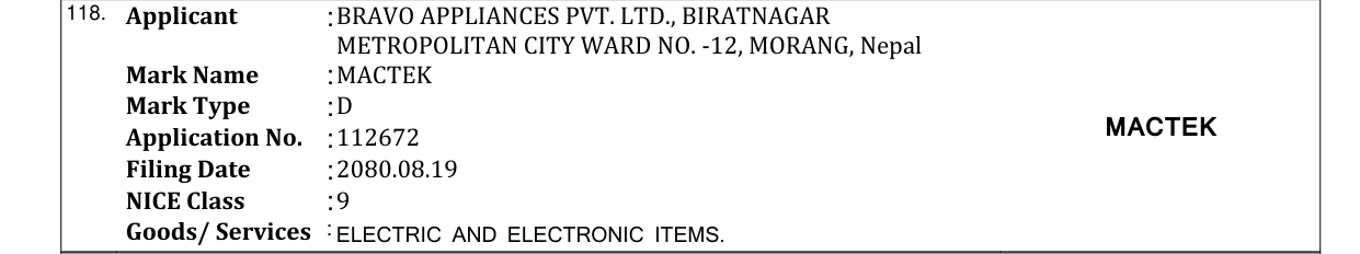 Original bulletin entry for MACTEK