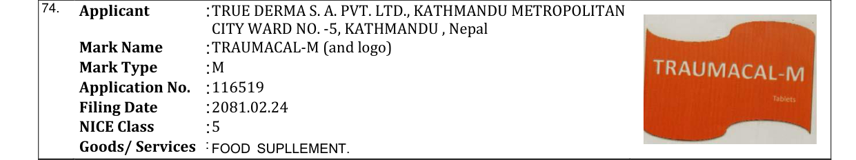 Original bulletin entry for TRAUMACAL-M (and logo)