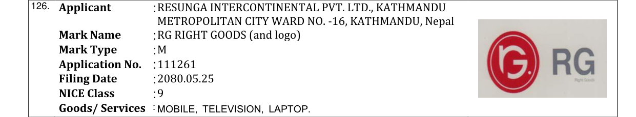 Original bulletin entry for RG RIGHT GOODS (and logo)