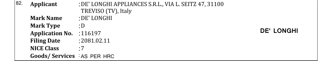Original bulletin entry for DE' LONGHI