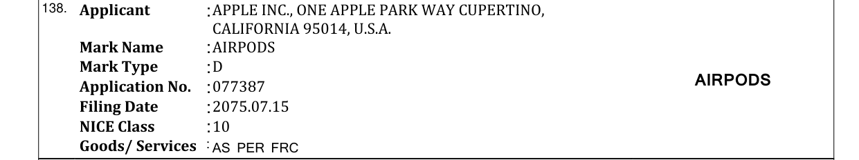Original bulletin entry for AIRPODS