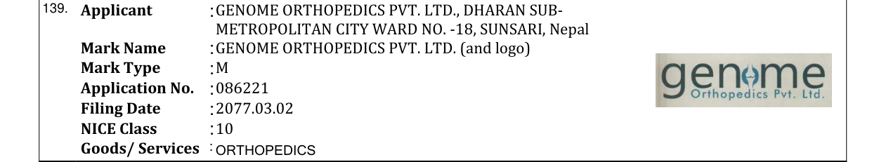 Original bulletin entry for GENOME ORTHOPEDICS PVT. LTD. (and logo)