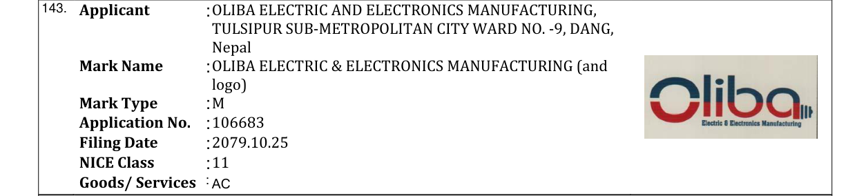 Original bulletin entry for OLIBA ELECTRIC & ELECTRONICS MANUFACTURING (and logo)