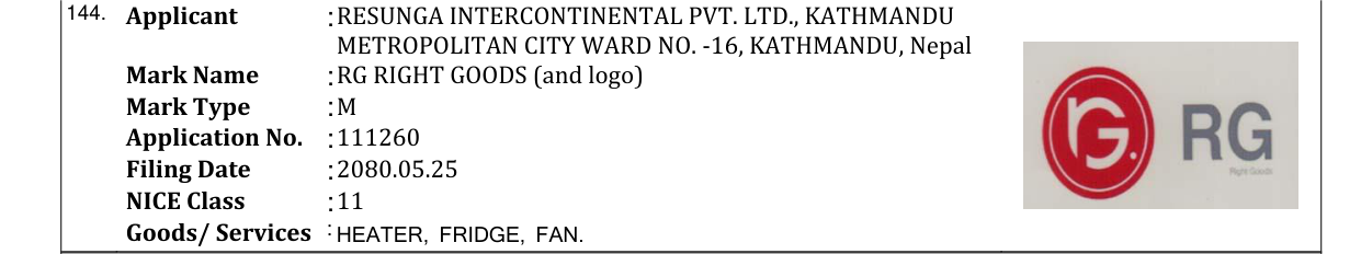 Original bulletin entry for RG RIGHT GOODS (and logo)