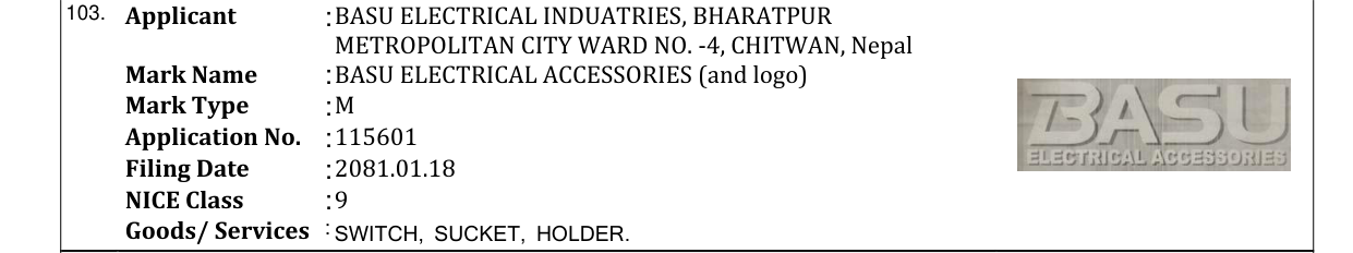 Original bulletin entry for BASU ELECTRICAL ACCESSORIES (and logo)