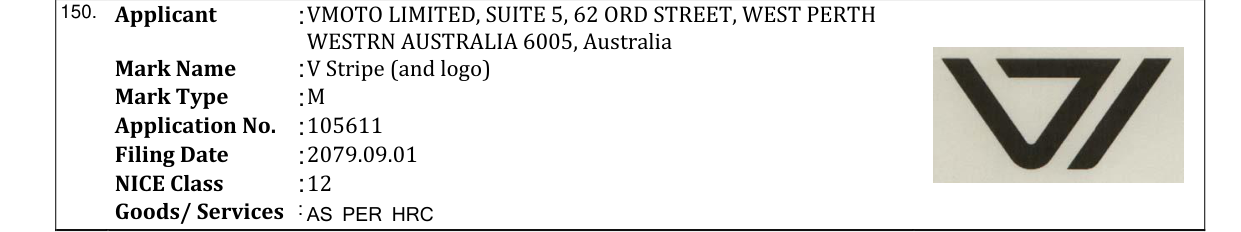 Original bulletin entry for V Stripe (and logo)