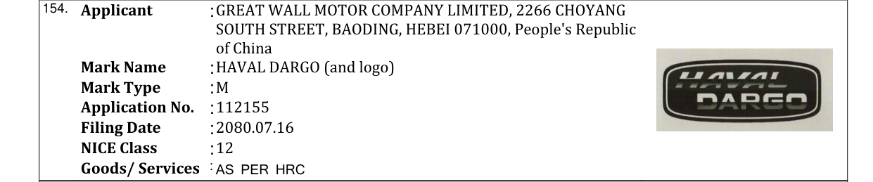 Original bulletin entry for HAVAL DARGO (and logo)