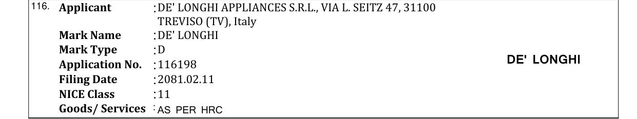 Original bulletin entry for DE' LONGHI
