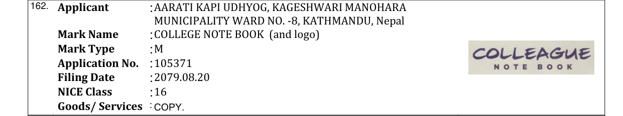 Original bulletin entry for COLLEGE NOTE BOOK (and logo)