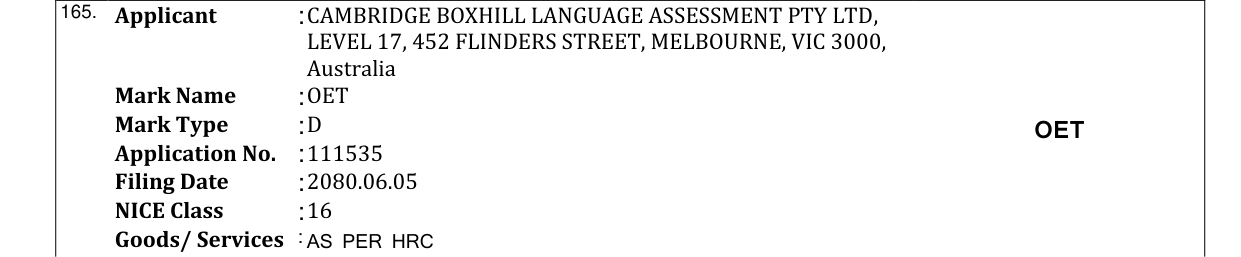 Original bulletin entry for OET