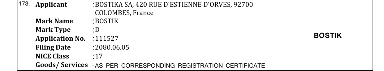 Original bulletin entry for BOSTIK